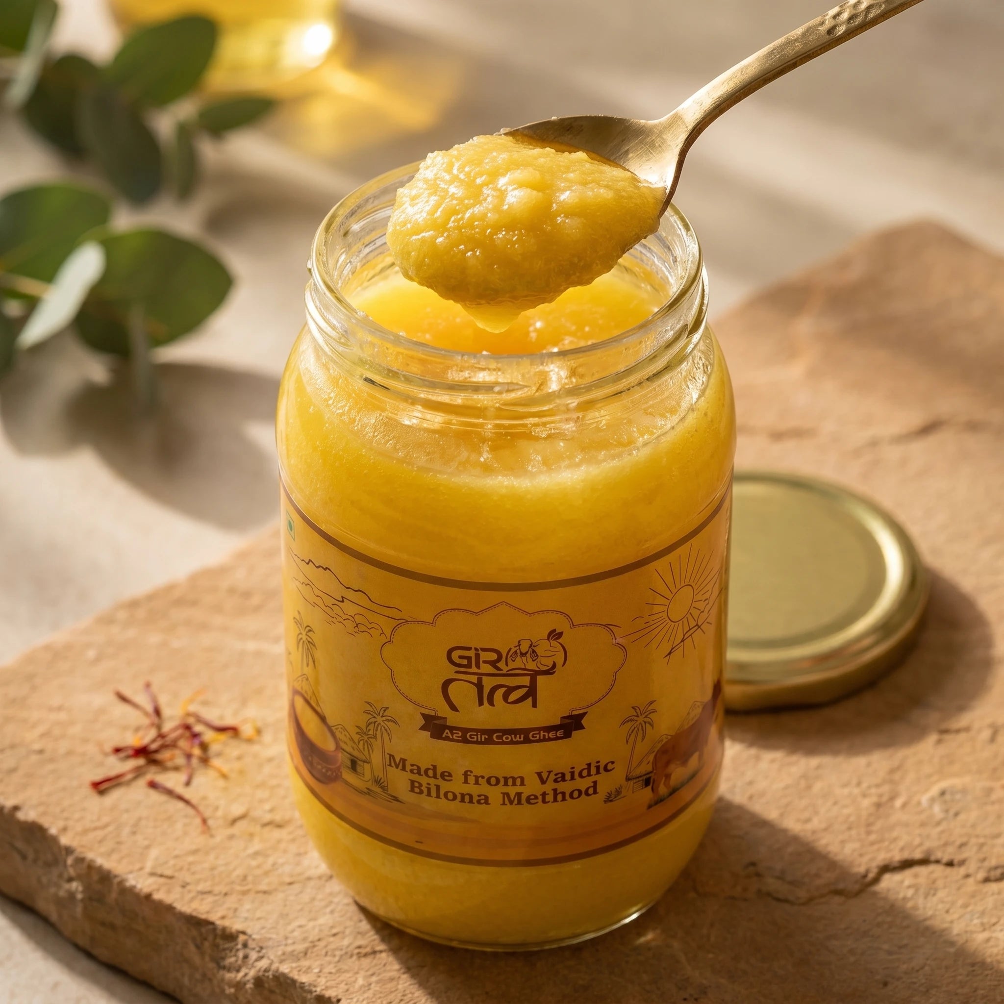 A2 Gir Cow Ghee with rich golden texture in a glass jar