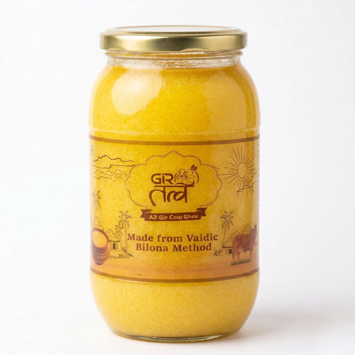 Girtatva A2 Gir Cow Bilona Ghee 1 Litre Jar on White Background